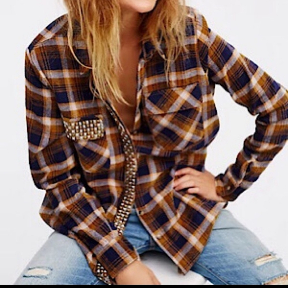 Free People Plaid Button Down Shirt - Blue and Brown